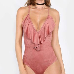 Forever 21 pink suede ruffle v neck spaghetti strap racerback bodysuit